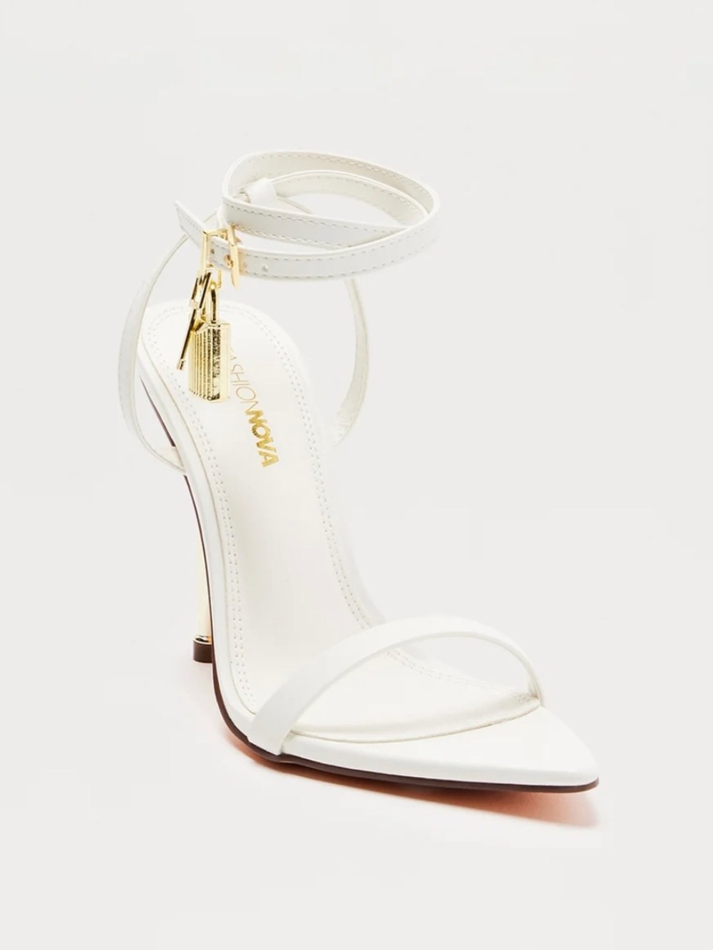 Fashion Nova White Pointed Toe Ankle-Strap Stiletto with Gold Tassel